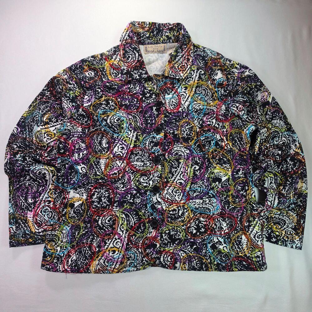 Life Style Petite Shirt PL Multicolor Paisley Cotton Button Front Collared